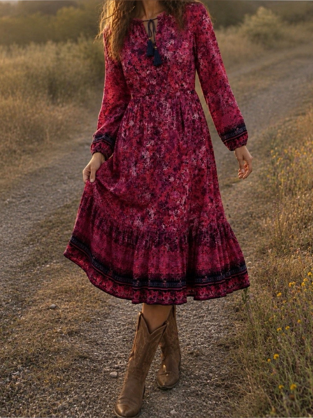 Frye and Co 2X Pink Floral Maxi Dress Rayon Boho Peasant Tassel Tie Long Sleeve